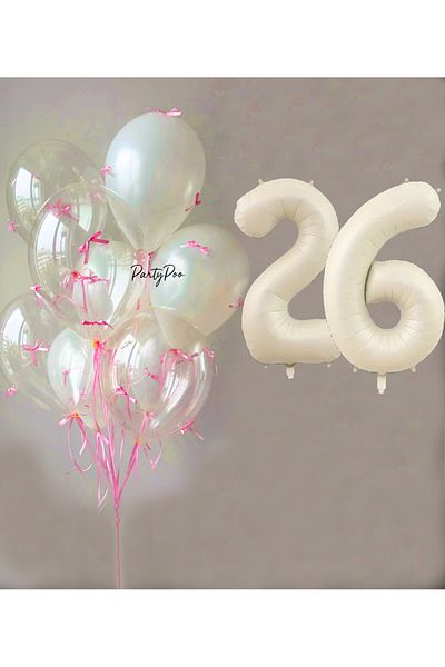 PartyPoo Pink Bow Transparent White Balloon Set + Cream Number Foil Balloon – 11-Piece Birthday Party Ornament