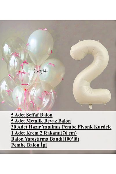PartyPoo Pink Bow Transparent White Balloon Set + Cream Number Foil Balloon – 11-Piece Birthday Party Ornament