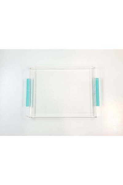 Generic Luxury Clear Acrylic Square Serving Tray with Sky Blue Handle 44 x 30 x 4 cm - For Desserts and Food