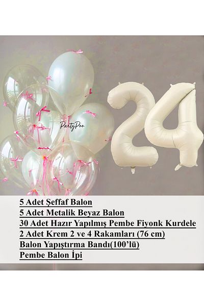 PartyPoo Pink Bow Transparent White Balloon Set + Cream Number Foil Balloon – 11-Piece Birthday Party Ornament