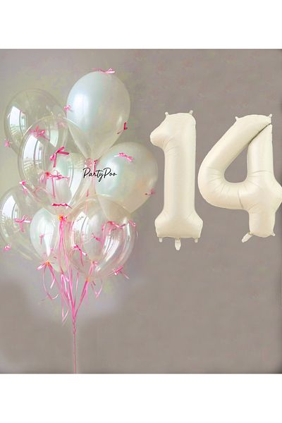 PartyPoo Pink Bow Transparent White Balloon Set + Cream Number Foil Balloon – 11-Piece Birthday Party Ornament