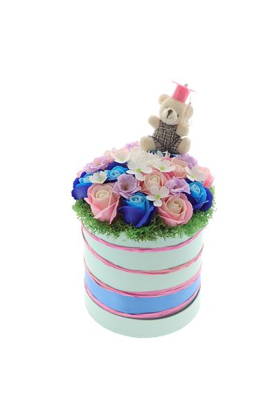 GiftExpress Aranjament floral absolvire trandafiri roz-albastri 30cm