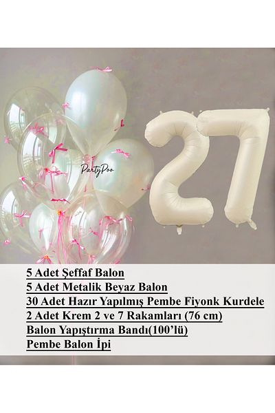 PartyPoo Pink Bow Transparent White Balloon Set + Cream Number Foil Balloon – 11-Piece Birthday Party Ornament
