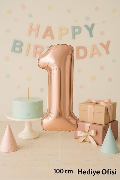 hediyeofisi Foil Balloon 1 Number Helium Balloon 100 Cm Rose Color - 1 Year Old Balloon - 1 Year Old Balloon -1 Number Balloon