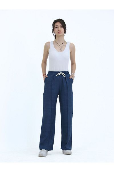 fh fashionhere Women's Sofia Linen Fabric Striped High Waist Wide Leg Relaxed Fit Lace-Up Elastic Waist Casual Pants