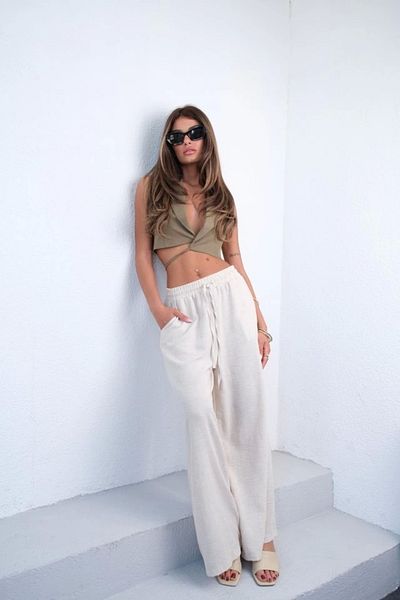 buHillco Beige Women's Linen Trousers with Elastic Waist and Laces