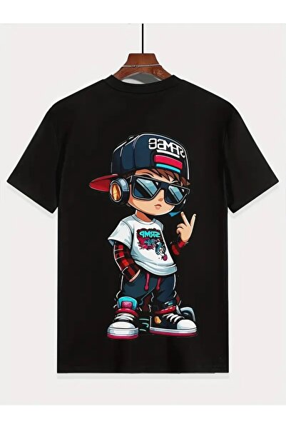 PERISENSE تي شيرت أسود للجنسين للنساء/الرجال مطبوع عليه رقبة دائرية وأكمام قص...