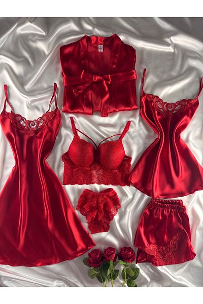 Madame Mercy Boxed 6 Pieces of Giant Black Silky Satin Bra Nightgown Shorts Suit Stockings Underwear Dowry Set