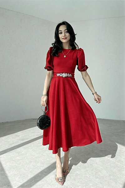 ALFUDO Moda Collection فستان ميدي بأكمام البطيخ الأحمر