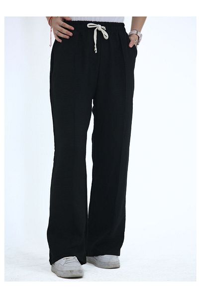 fh fashionhere Women's Sofia Linen Fabric Striped High Waist Wide Leg Relaxed Fit Lace-Up Elastic Waist Casual Pants