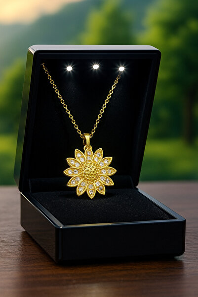 KAR DİAMOND 925 Ayar Gümüş Altın Kaplama Ay Çiçeği Kolye - Sertifikalı Işıklı...