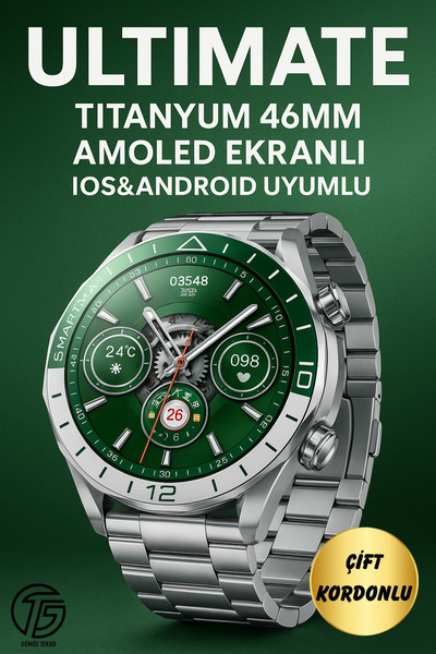GÜMÜŞTEKNO Ultimate Watch Akıllı Saat Amoled Ekran Çift Kordon Arama Bildirim...