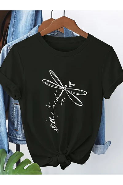 YRN COLLECTION تي شيرت أسود للجنسين للنساء/الرجال مطبوع عليه رقبة دائرية وأكم...