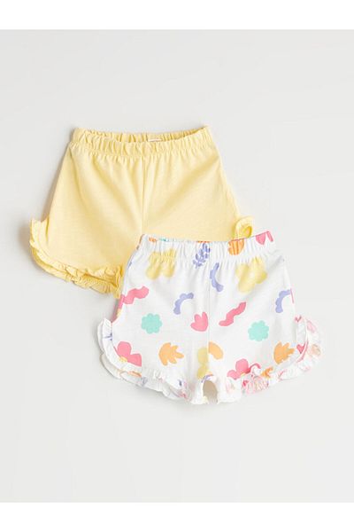 LC Waikiki Sari Beli Elastic Printed Cotton Baby Girl Shorts 2-Pack