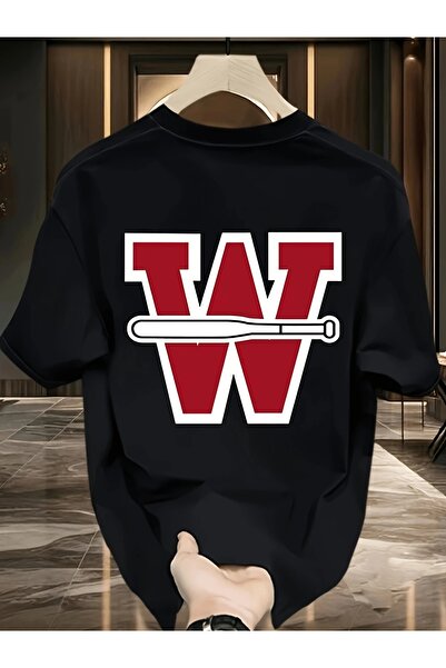 PERISENSE تي شيرت أسود للجنسين للنساء/الرجال مطبوع عليه رقبة دائرية وأكمام قص...