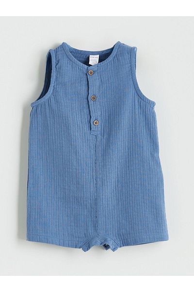 LC Waikiki Blue Crew Neck Baby Boy Muslin Jumpsuit