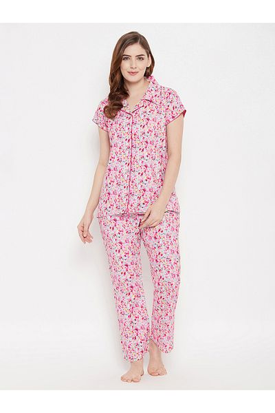 Clovia By Styli Cotton Floral Print Button Down Shirt and Pyjama Set