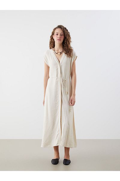LC Waikiki Beige V-Neck Textured Dress