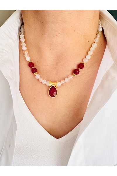 DEVİ fashion Agate and Quartz Natural Stone Necklace 45 cm
