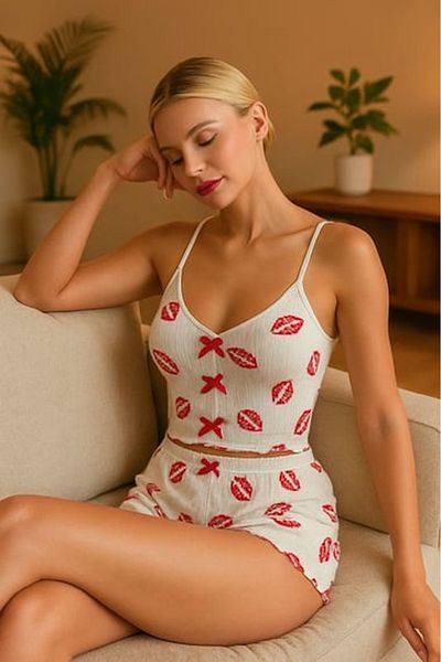 MODA Mulvxbrf Brf02 Women's Lip Patterned Shorts Pajama Set (Mulvix)