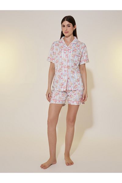 Styli Cat Printed Short Sleeve Shirt, Shorts and Pyjama Set