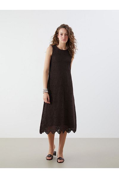 LC Waikiki Brown Crew Neck Openwork Lace Crochet Dress