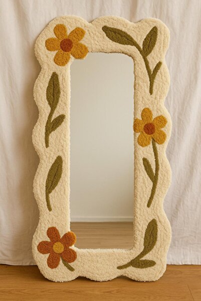 Afro Dekorasyon Çiçekli boy aynası , el yapımı ayna , boy aynası , tufting ay...