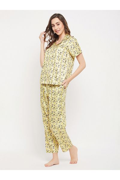 Clovia By Styli Floral Print Button Down Satin Shirt and Pyjama Set