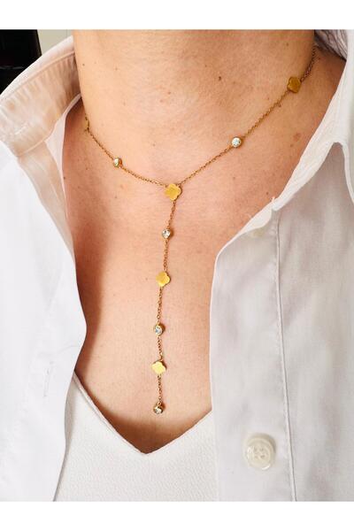 DEVİ fashion Steel Clover Gold Y Necklace 42 cm