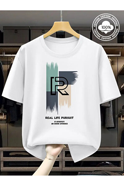 AEMİ Unisex stvarna životna stvar Štampano Oversize kroj okrugla kragna T-shirt