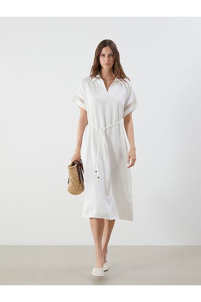 LC Waikiki Ecru Shirt Collar Linen Blended Dress