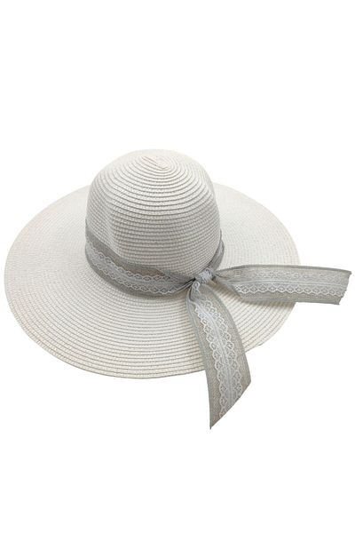 AXE SPORTSWEAR Women's White Color Bow Lace Detailed Straw Beach Hat Beach Hat