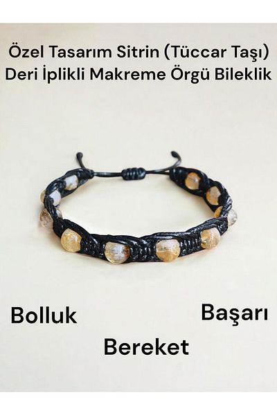 Kadimdoğal Certified Natural Stone Citrine Leather Thread Macrame Knitted Special Design Bracelet