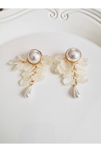 DEVİ fashion Pearl Leaf Big Earrings 5 cm