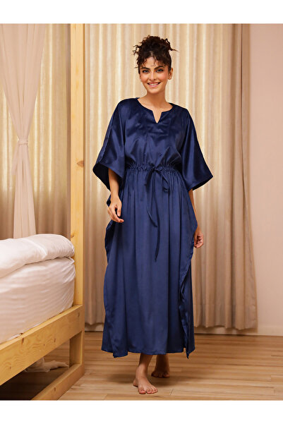 Sanskrutihomes By Styli Velvet Notch Neck Kaftan Nightdress with Ruched Detail