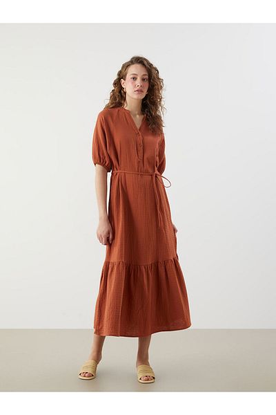 LC Waikiki Orange Scoop Neck Textured Balloon Sleeve Muslin Dress