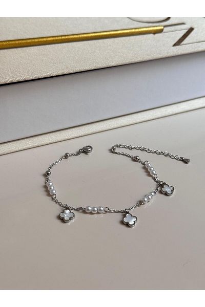 LEROSY CO Silver Color Women's Anklet with Pearl Beaded White Flower Figure