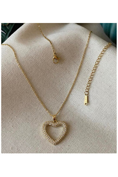 DELLS ACCESSORY قلادة من الفولاذ على شكل قلب مجوف من حجر الزركون الذهبي