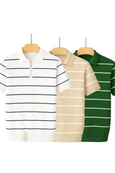 LC Waikiki 3-Piece Premium Quality Style New Model Knitwear Men's Striped Zippered Summer Flexible T-Shirt.