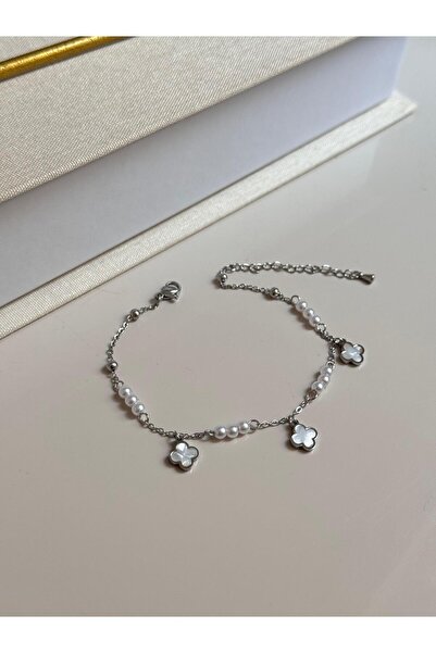 lerosy co. Silver Color Women's Anklet with Pearl Beaded White Flower Figure