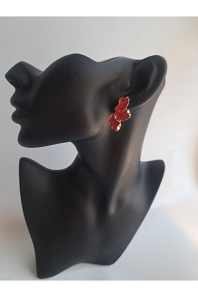 BHR AKSESUAR Red Pearlescent Crown Leaf Earrings