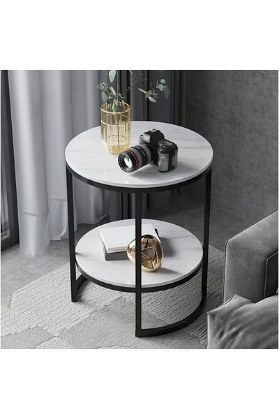 Generic Black and white marble iron and wood side table - 40 x 40 x 55 cm