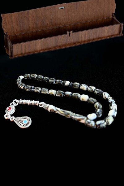 renery سبحة من خرز العنبر الأسود والأبيض بطول المعصم، سبحة مع صندوق خشبي للهدايا