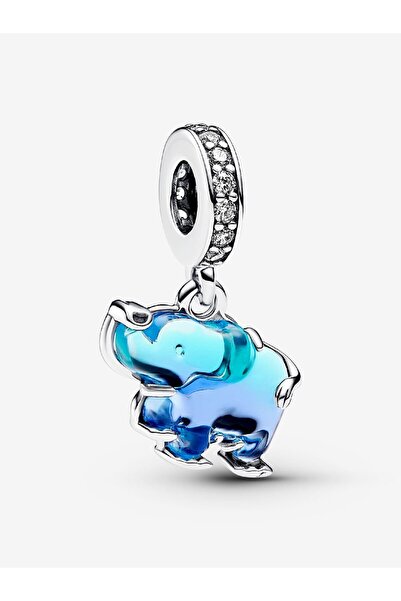 Genel Markalar 925 Ayar Gümüş Mavi Murano Camı Fil Sallantılı Charm
