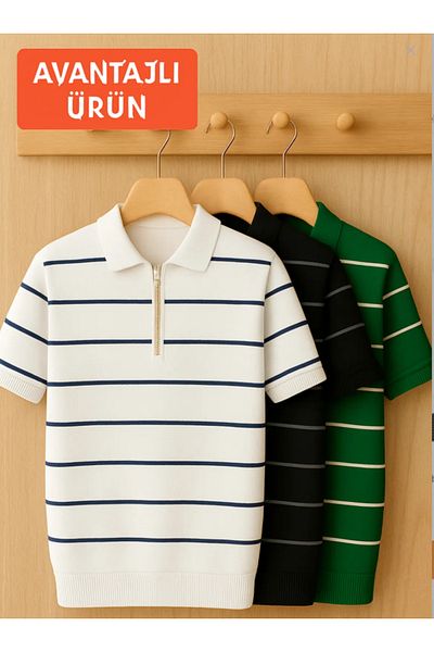 LC Waikiki 3-Piece Premium Quality Style New Model Knitwear Men's Striped Zippered Summer Flexible T-Shirt.