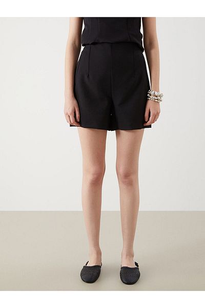 LC Waikiki Black Women's Pleated Shorts with Zipper at the Waist