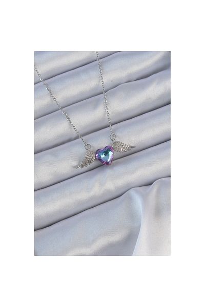 Skygo 316L Steel Chain Silver Color Blue Purple Zircon Stone Winged Heart Necklace - Tj-Bko9162
