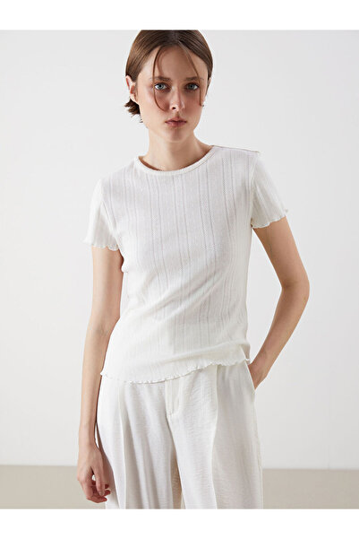 LC Waikiki Ecru Crew Neck Openwork Women's T-Shirt