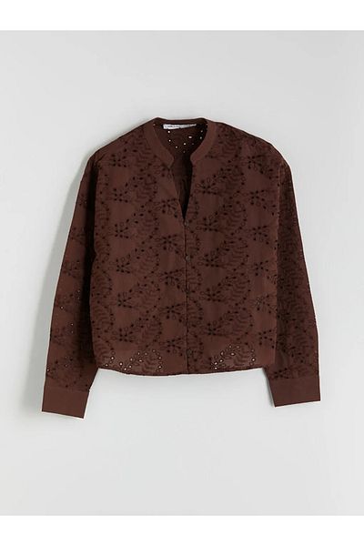 LC Waikiki Lcwaikiki Classic Brown Cheeky Collar Openwork Brode Women's Shirt