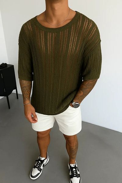 FıttingRoom Oversize Perforated Khaki Knitwear